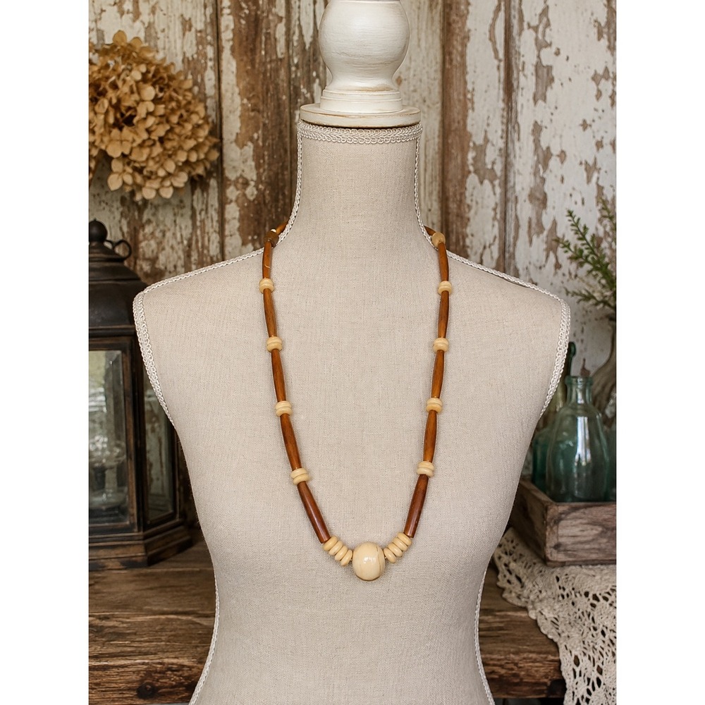 Vintage 1970s Wood & Bone Bead Necklace Long Earth Tone Tribal Boho Statement